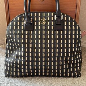 Women Beautiful Tory Burch Large Dome Satchel Bag Brown Beige Short Handle Purse